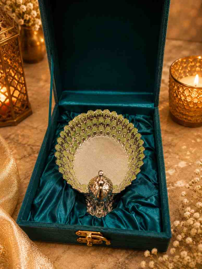 Luxury German Silver Peacock Decorative Platter with Hand-Painted Green Enamel | Premium Serving Tray