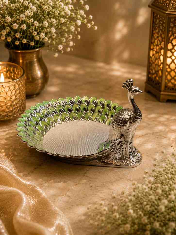 Luxury German Silver Peacock Decorative Platter with Hand-Painted Green Enamel | Premium Serving Tray