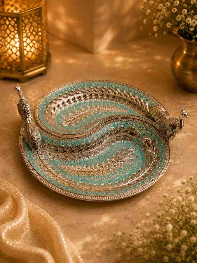 Luxury German Silver Double Peacock Serving Platter with Blue Meenakari Artwork | Decorative Serving Tray