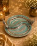 Luxury German Silver Double Peacock Serving Platter with Blue Meenakari Artwork | Decorative Serving Tray