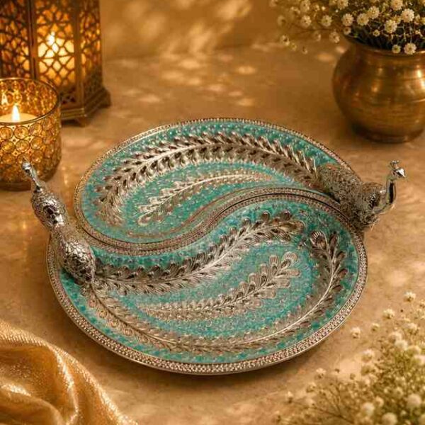 Luxury German Silver Double Peacock Serving Platter with Blue Meenakari Artwork | Decorative Serving Tray