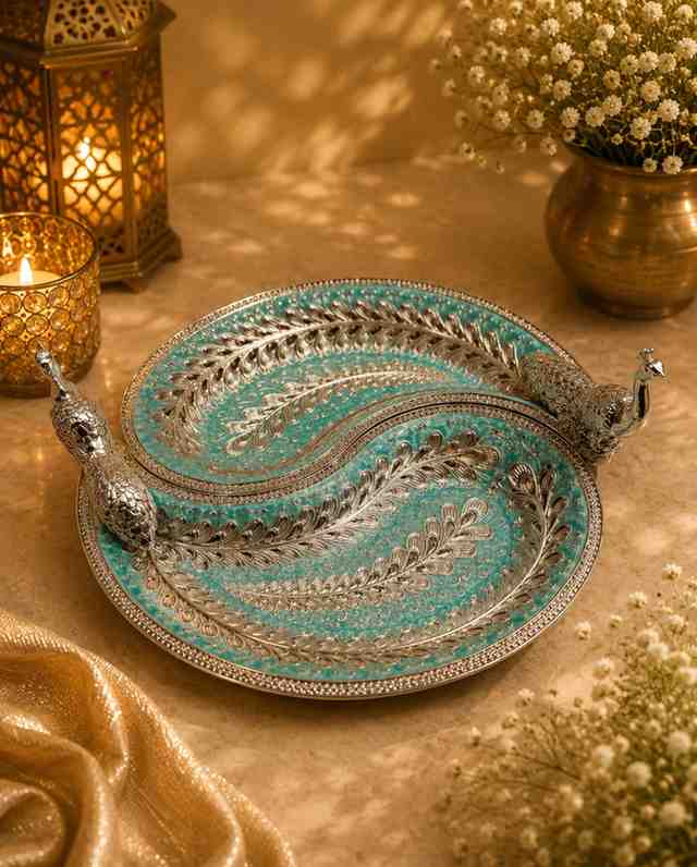 Luxury German Silver Double Peacock Serving Platter with Blue Meenakari Artwork | Decorative Serving Tray
