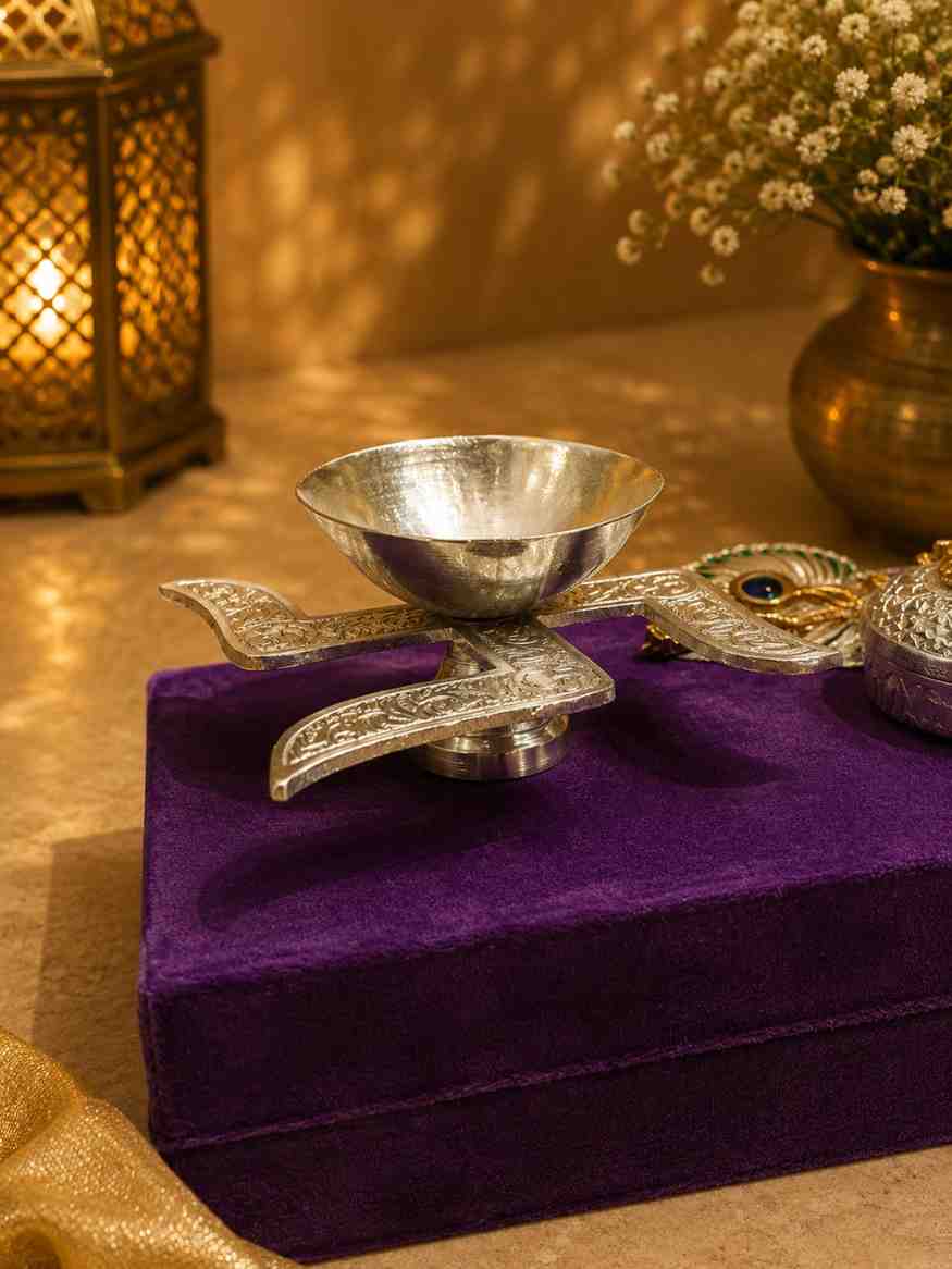 Handcrafted German Silver Swastik Diya with Chopra Set & Peacock Feather | Premium Pooja Gift Box