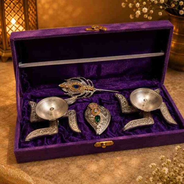 Handcrafted German Silver Swastik Diya with Chopra Set & Peacock Feather | Premium Pooja Gift Box