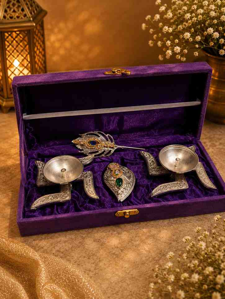 Handcrafted German Silver Swastik Diya with Chopra Set & Peacock Feather | Premium Pooja Gift Box